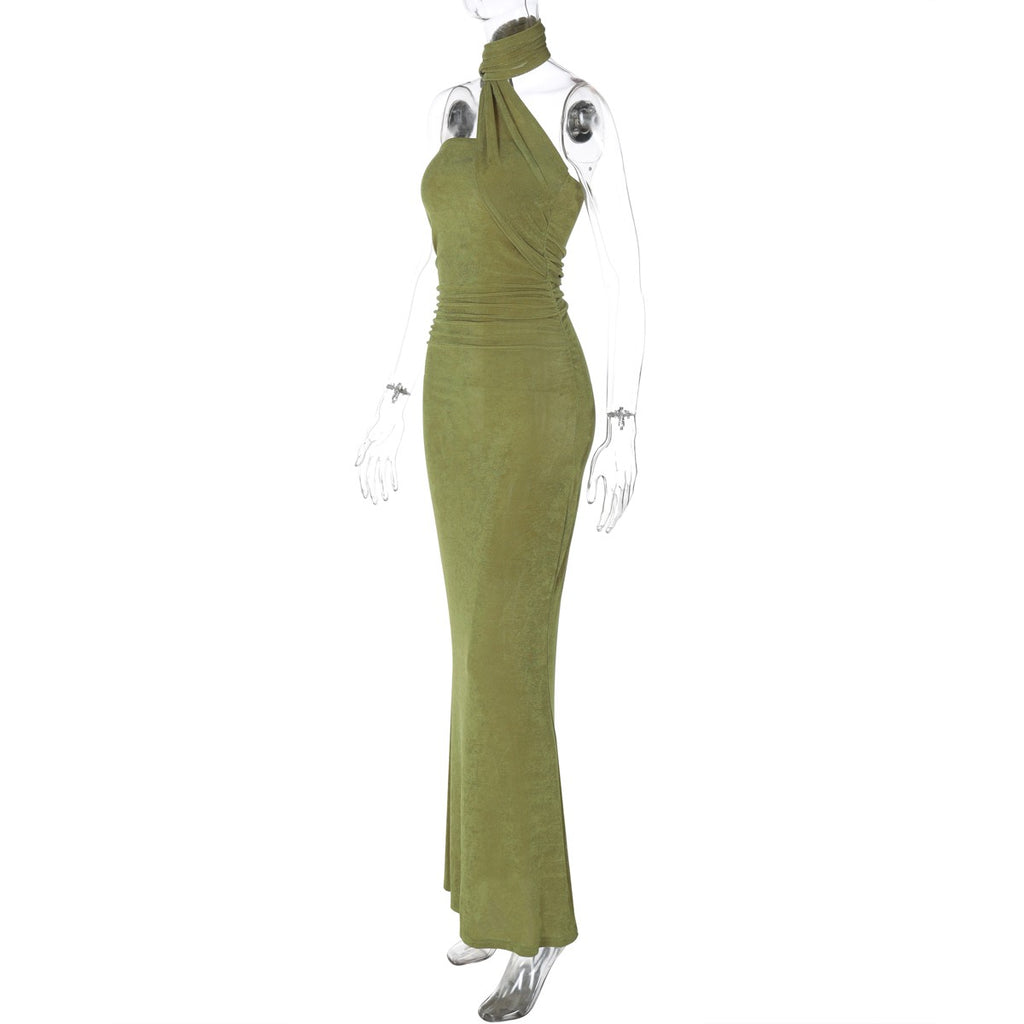 Hugcitar halter sólido sem mangas sem costas franzido sexy bodycon maxi vestido