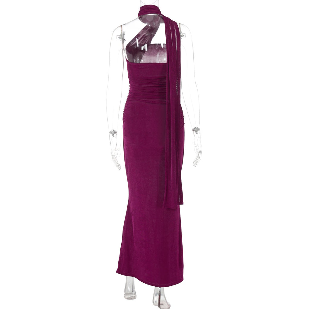 Hugcitar halter sólido sem mangas sem costas franzido sexy bodycon maxi vestido