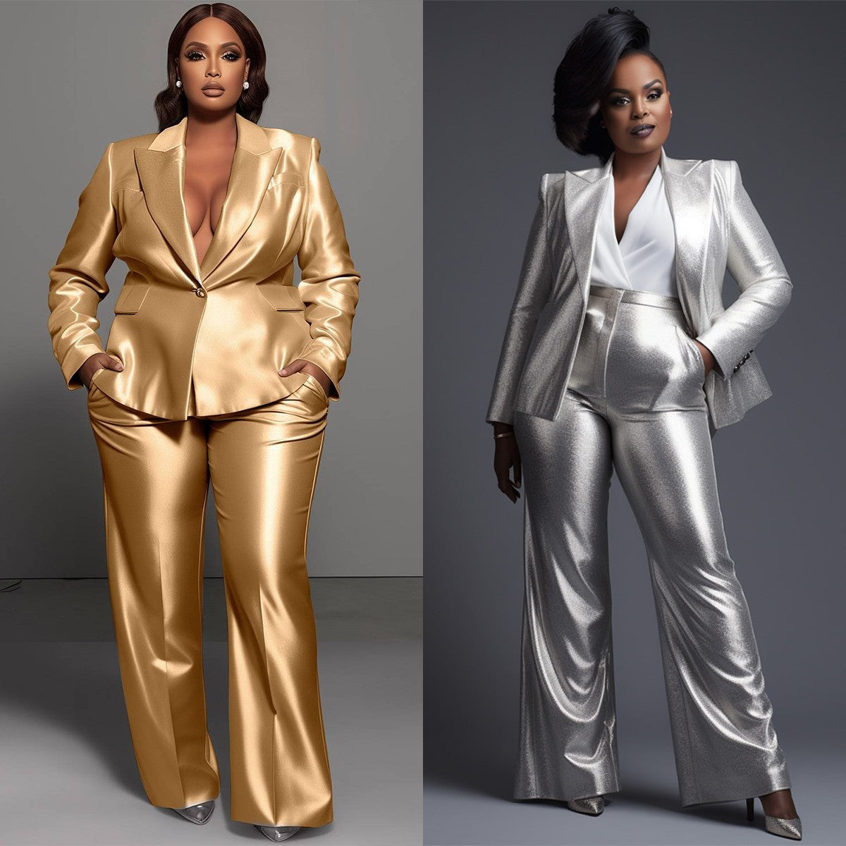 Terno feminino prateado dourado brilhante, 2 peças, blazer e calças plus size,