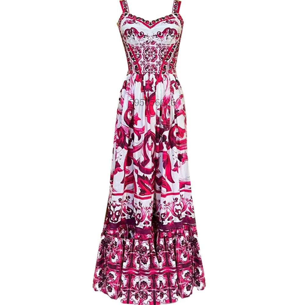 Women's V-neck Red Blue and White Print Spaghetti Strap Holiday Maxi Dress Summer Runway Floral Print Holiday Long Robes Women's V-neck Red Blue and White Print Spaghetti Strap Holiday Maxi Dress Summer Runway Floral Print Holiday Long Robes