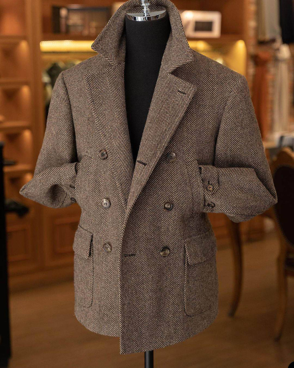 Men's Herringbone Wool Blend Coat Plus Size Double Breasted Thick Trench Coat Formal Outwear Custom Winter Warm JacketMen's Herringbone Wool Blend Coat Plus Size Double Breasted Thick Trench Coat Formal Outwear Custom Winter Warm Jacket