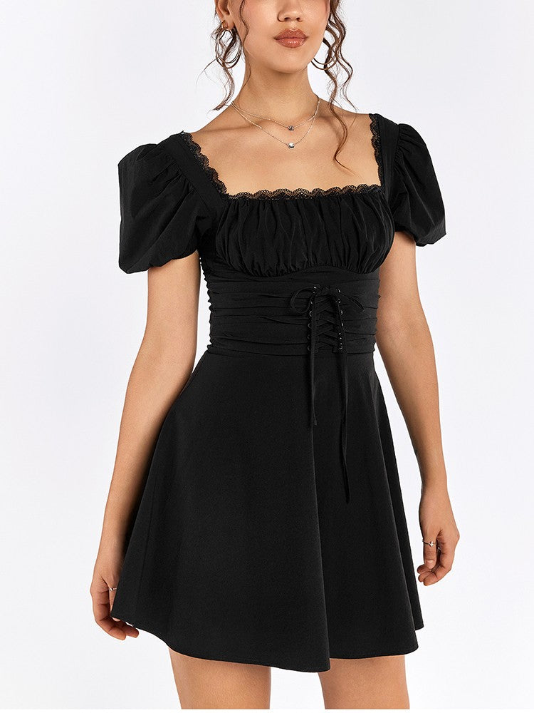NewAsia-Women's Puff Sleeve Lace Mini Dress, Backless, Square Neck, Ruched, Short, Casual, Vacation, Party Wear, Waist Tie UpNewAsia-Women's Puff Sleeve Lace Mini Dress, Backless, Square Neck, Ruched, Short, Casual, Vacation, Party Wear, Waist Tie Up