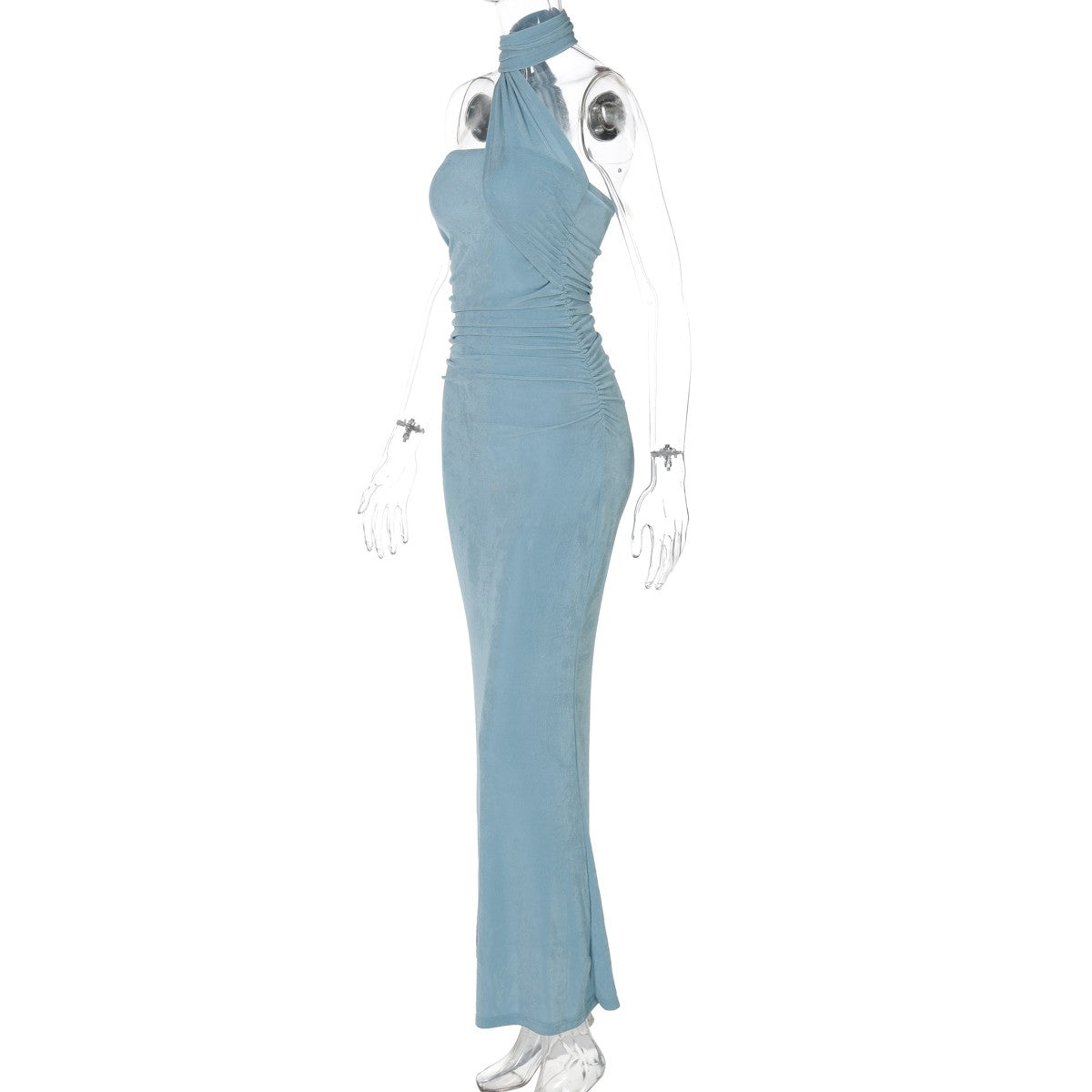 Hugcitar halter sólido sem mangas sem costas franzido sexy bodycon maxi vestido