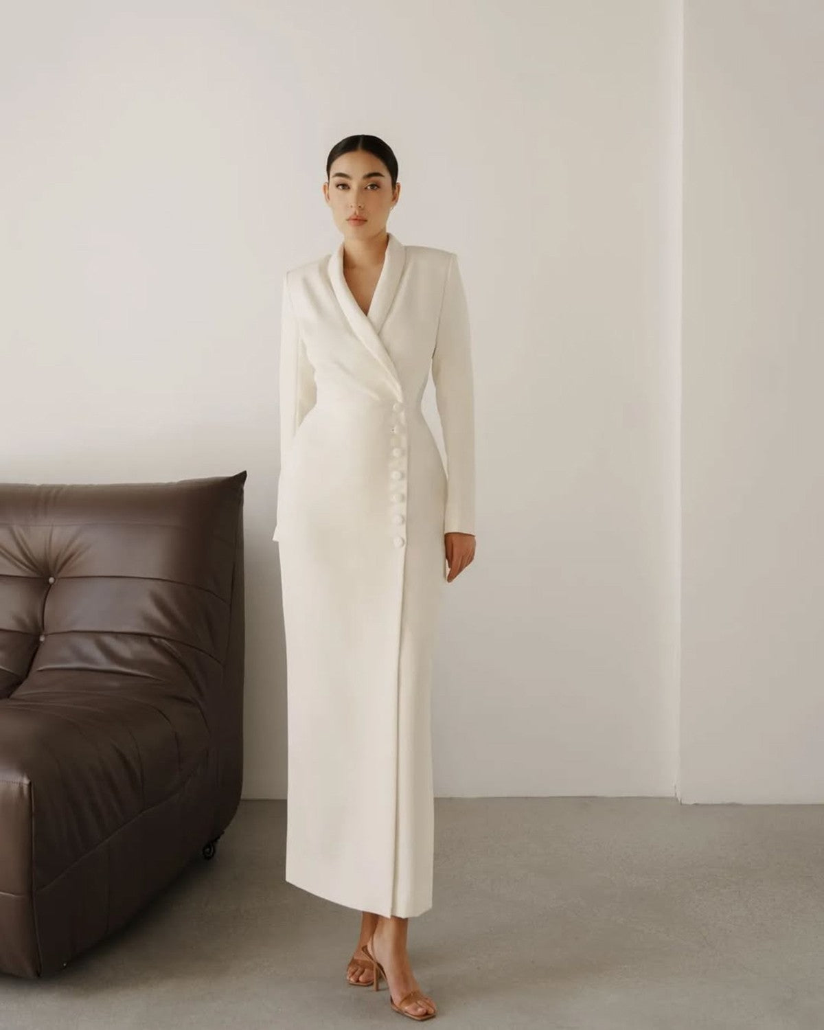 Elegant White Women Blazer Dress Ankle Length Button Evening Dress Slim Fit Custom Formal Wear Party One Piece Elegant White Women Blazer Dress Ankle Length Button Evening Dress Slim Fit Custom Formal Wear Party One Piece