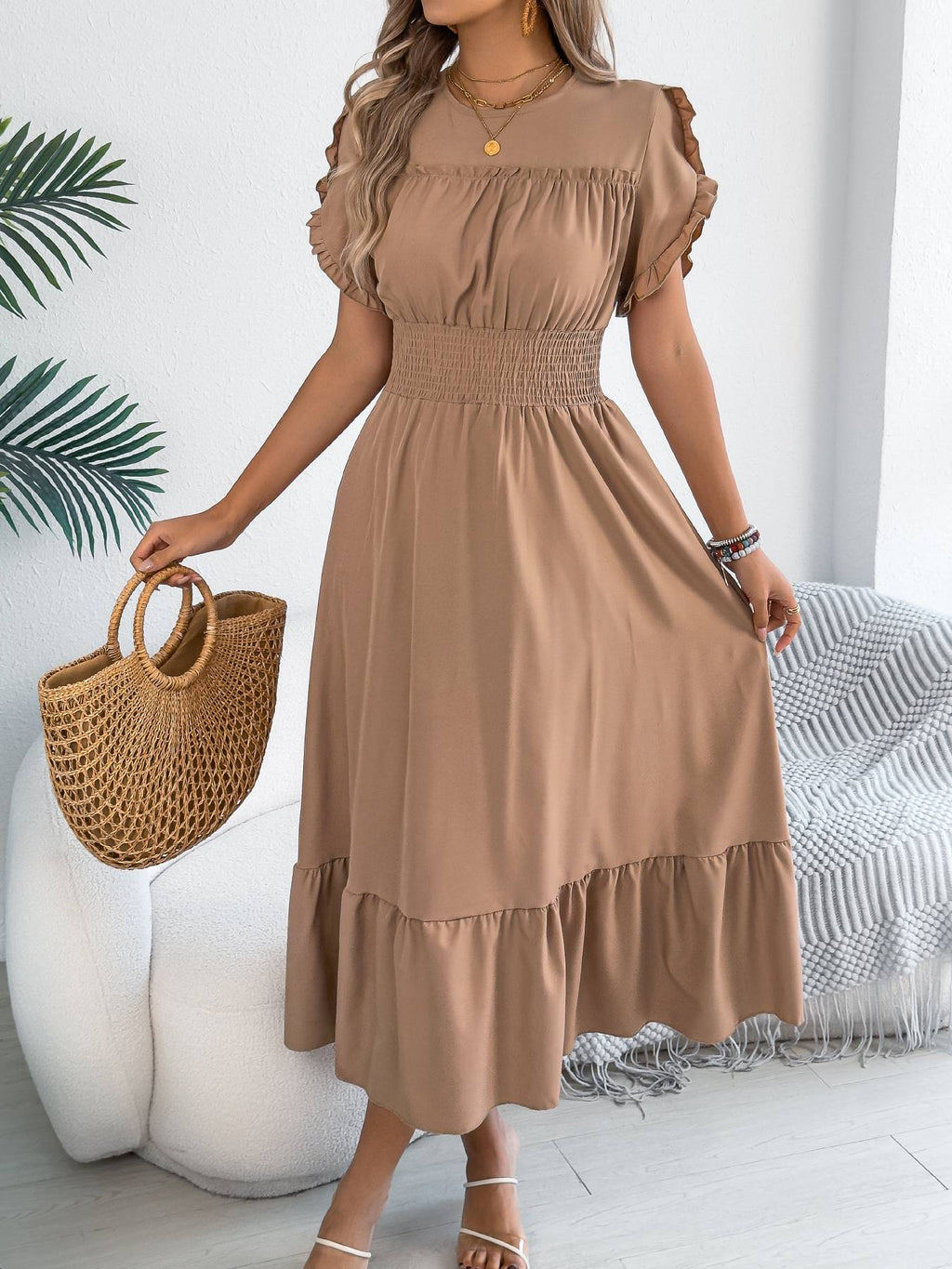 Casual elegant round neck ruffles cinched waist dress long dresses spring summer fashion women dressCasual elegant round neck ruffles cinched waist dress long dresses spring summer fashion women dress