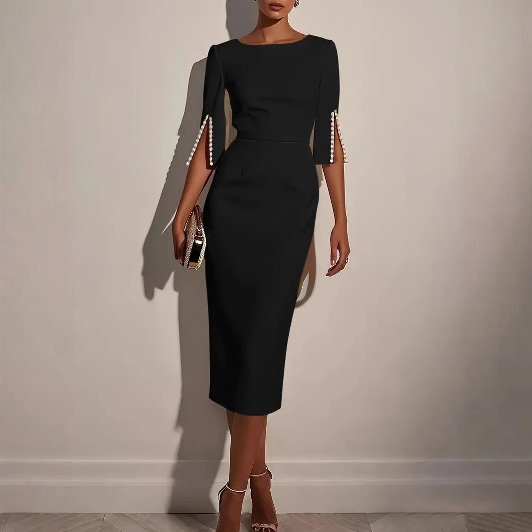 Women's fashion solid color office lady half sleeve nail bead dress female round neck slim and elegant dress Women's fashion solid color office lady half sleeve nail bead dress female round neck slim and elegant dress
