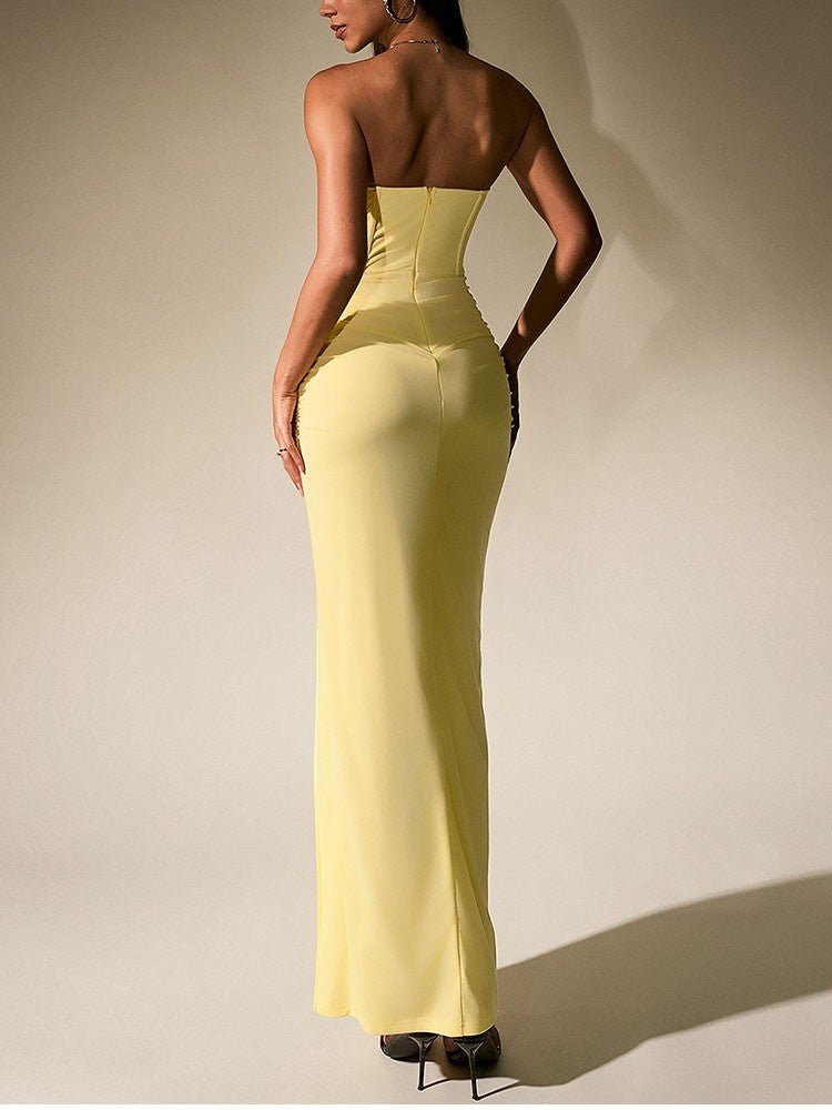 NewAsia-Vestido Longo de Malha Ruched Fishbone Sem Alças, Fora do Ombro, Fenda