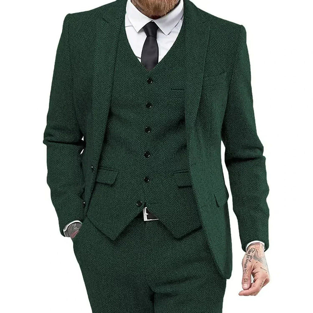 Men's Retro Herringbone Suit, Elegant Vintage Tuxedo Set, 3 Piece Blazer, Vest and Pants, for Wedding, Business, Evening PartyMen's Retro Herringbone Suit, Elegant Vintage Tuxedo Set, 3 Piece Blazer, Vest and Pants, for Wedding, Business, Evening Party