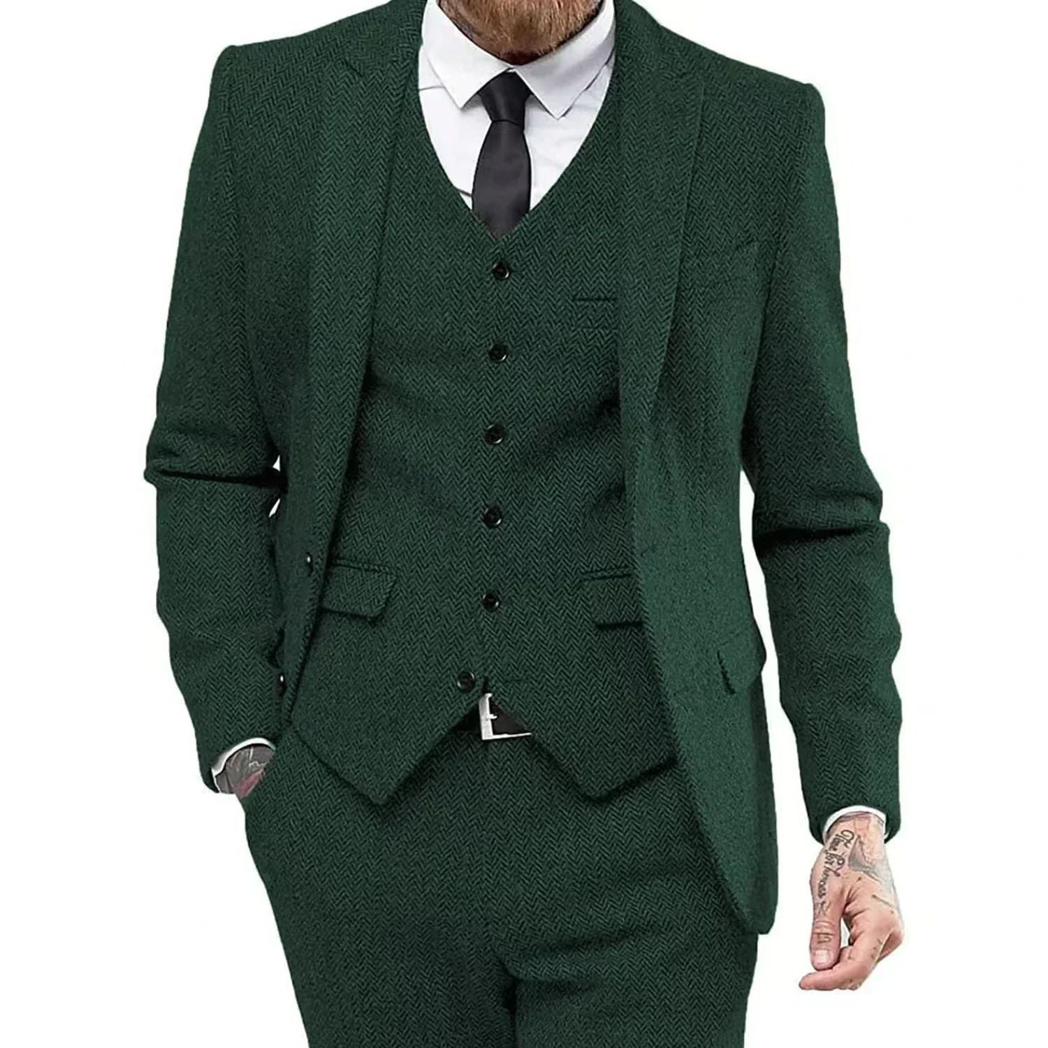Men's Retro Herringbone Suit, Elegant Vintage Tuxedo Set, 3 Piece Blazer, Vest and Pants, for Wedding, Business, Evening PartyMen's Retro Herringbone Suit, Elegant Vintage Tuxedo Set, 3 Piece Blazer, Vest and Pants, for Wedding, Business, Evening Party