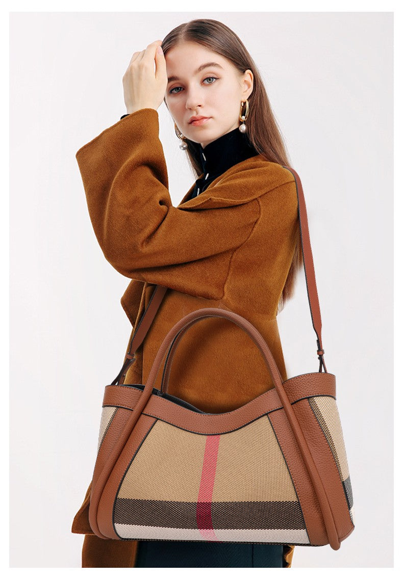 Aidrani Plaid Canvas and Leather Tote