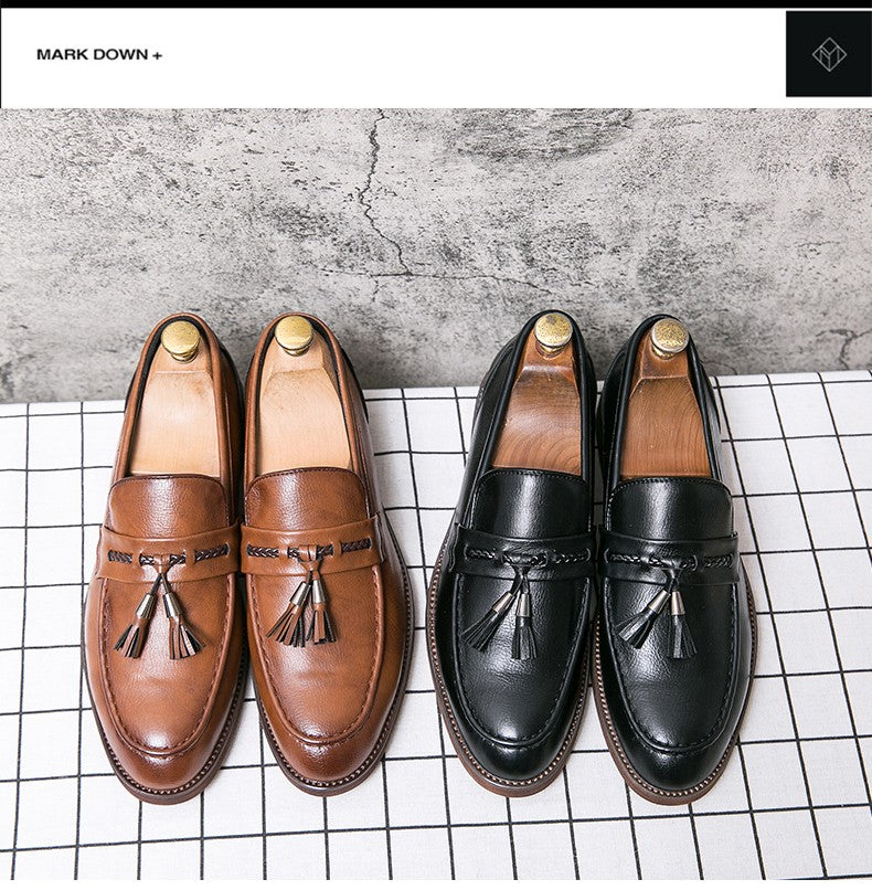 Men's casual pointed toe loafers, fringe shoes,