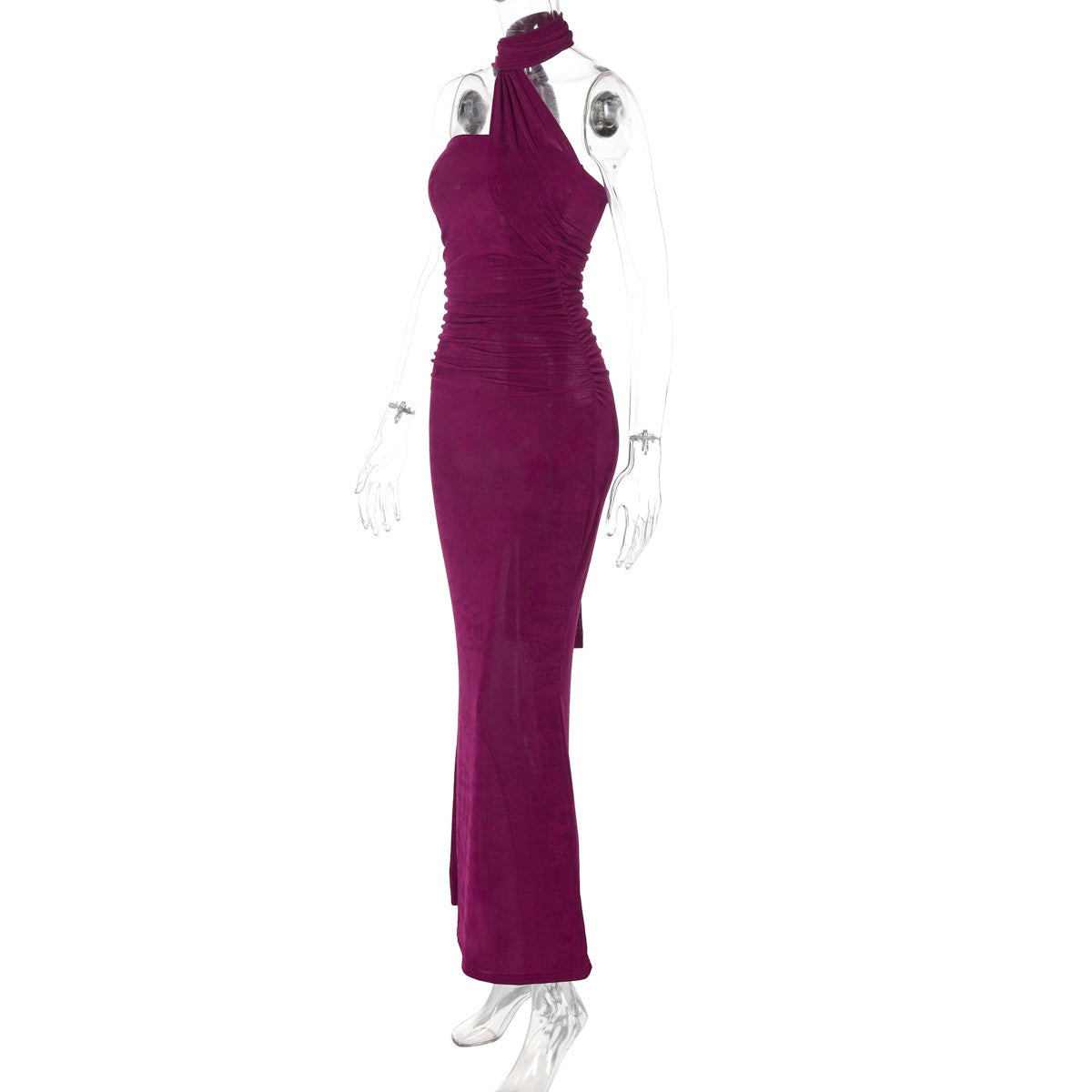 Hugcitar halter sólido sem mangas sem costas franzido sexy bodycon maxi vestido