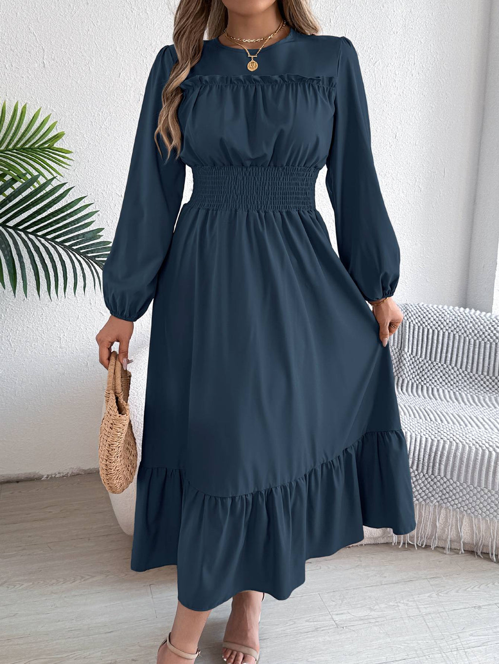 Autumn and winter casual elegant solid color round neck long sleeve cinched waist lotus leaf edge dress women's clothing Autumn and winter casual elegant solid color round neck long sleeve cinched waist lotus leaf edge dress women's clothing
