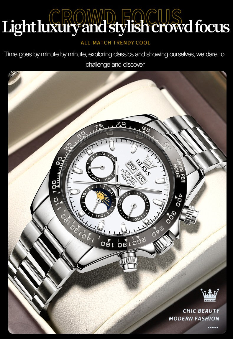 OLEVS 6654 Automatic Mechanical Watch: Moon Phase & Roman Flair