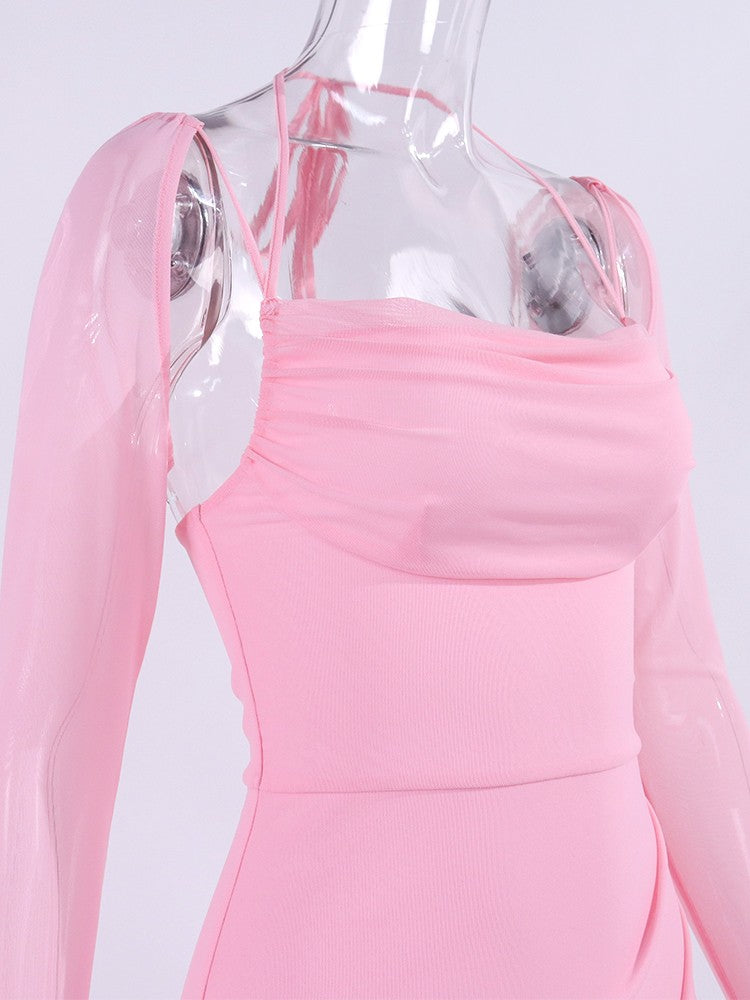 NewAsia Halter Ruffles Sleeves Mesh Pink Dress Women Sexy Solid Backless Bandage Mini Dress Summer Holiday Party Club NewAsia Halter Ruffles Sleeves Mesh Pink Dress Women Sexy Solid Backless Bandage Mini Dress Summer Holiday Party Club