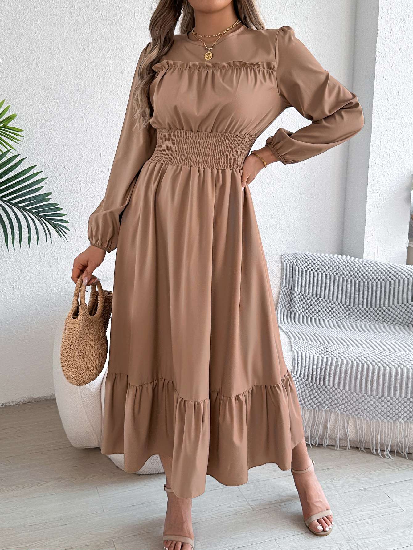 Autumn and winter casual elegant solid color round neck long sleeve cinched waist lotus leaf edge dress women's clothing Autumn and winter casual elegant solid color round neck long sleeve cinched waist lotus leaf edge dress women's clothing