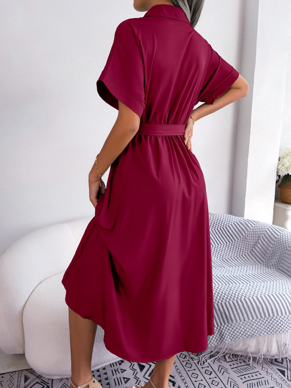 Women Summer Slim Waist Lace Up Dresses 2025 Casual Solid Color Turn Down Collar Short Sleeve A Line Dress Green Red Blue Women Summer Slim Waist Lace Up Dresses 2025 Casual Solid Color Turn Down Collar Short Sleeve A Line Dress Green Red Blue