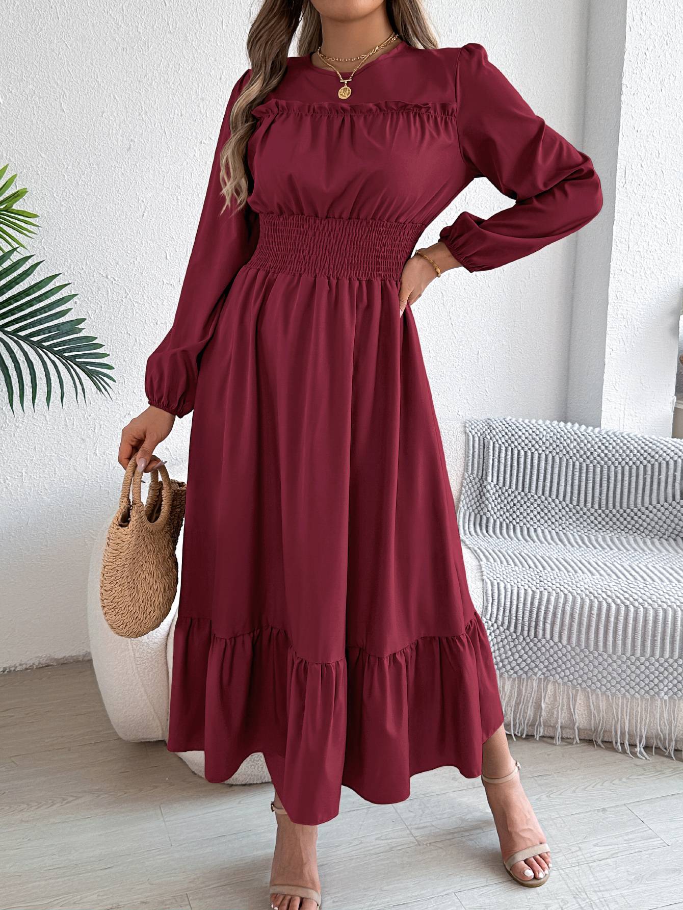 Autumn and winter casual elegant solid color round neck long sleeve cinched waist lotus leaf edge dress women's clothing Autumn and winter casual elegant solid color round neck long sleeve cinched waist lotus leaf edge dress women's clothing