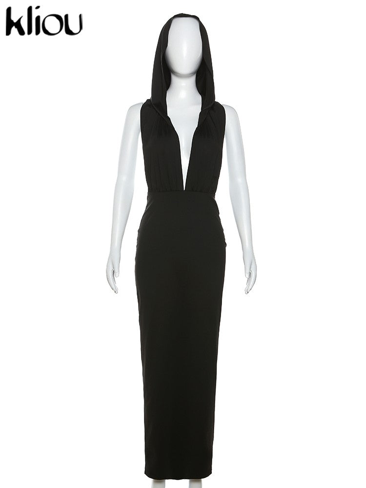 Kliou Elegant Hooded Maxi Dresses Women Hipster Sleeveless Sexy Deep V-Neck Backless Side Split Robe Female High Street Dress Kliou Elegant Hooded Maxi Dresses Women Hipster Sleeveless Sexy Deep V-Neck Backless Side Split Robe Female High Street Dress