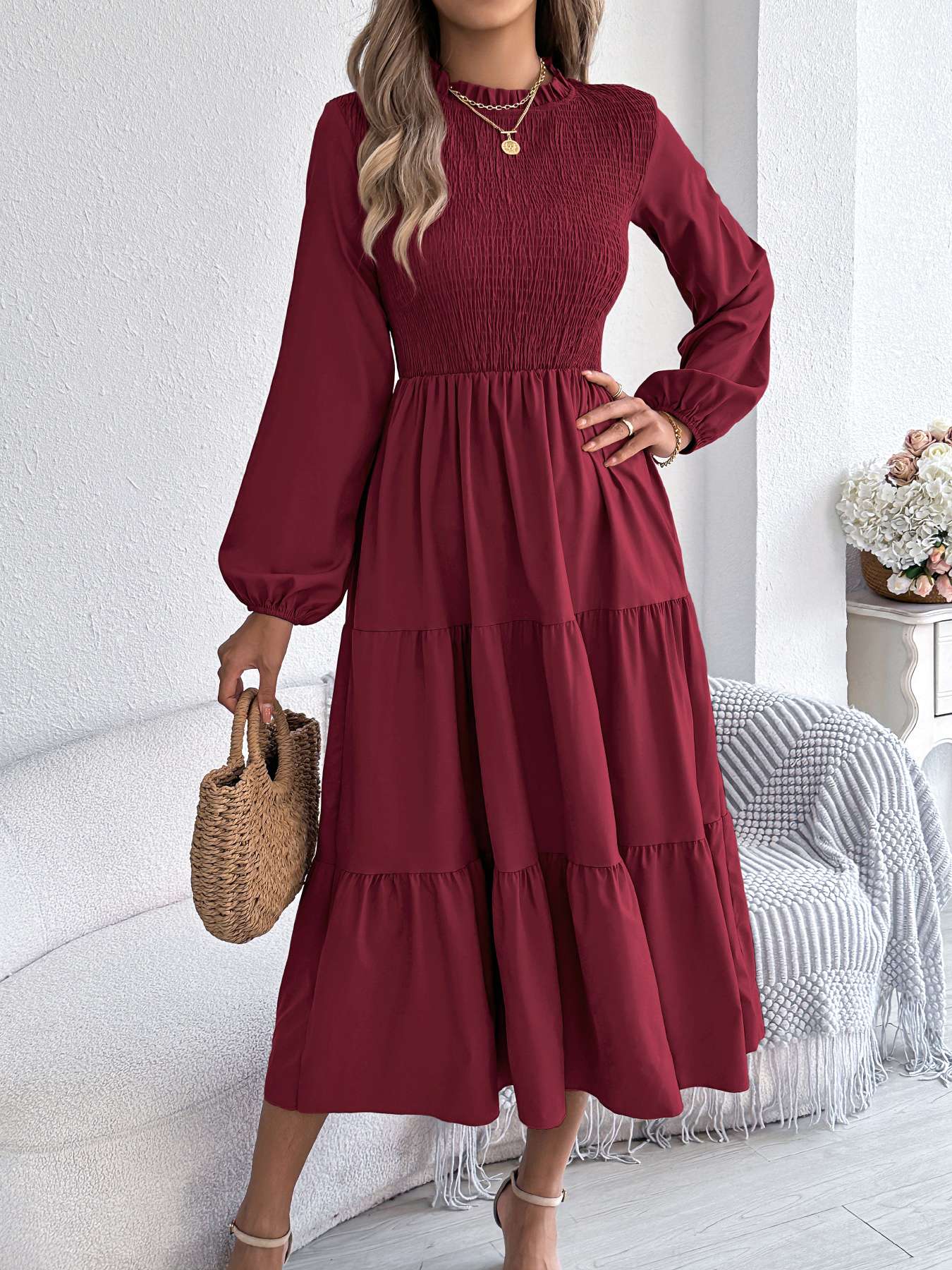 Autumn Winter Elegant Dresses for Women Solid Color Round Neck Long Sleeve Ruffles Dresses Khaki Green Red Autumn Winter Elegant Dresses for Women Solid Color Round Neck Long Sleeve Ruffles Dresses Khaki Green Red