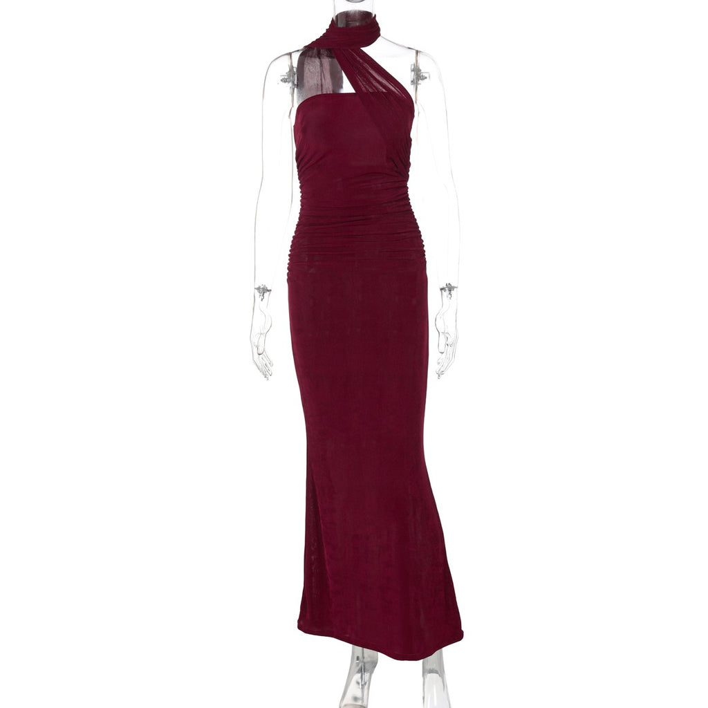 Hugcitar halter sólido sem mangas sem costas franzido sexy bodycon maxi vestido