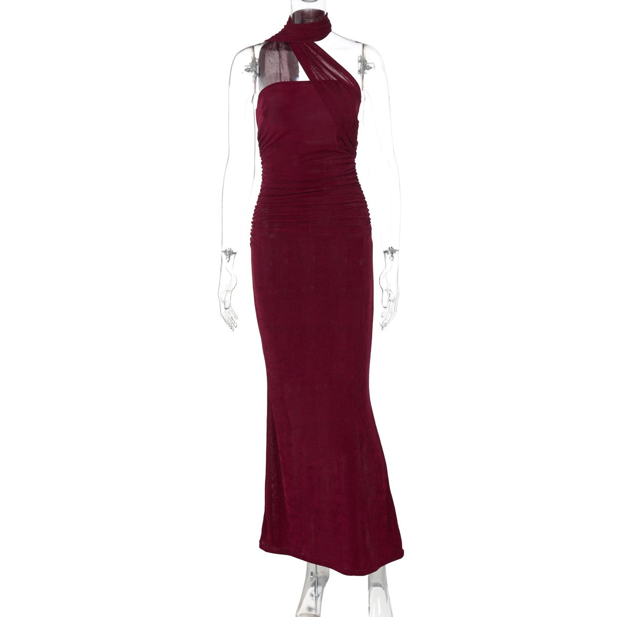 Hugcitar halter sólido sem mangas sem costas franzido sexy bodycon maxi vestido