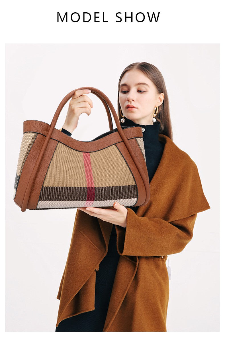 Aidrani Plaid Canvas and Leather Tote