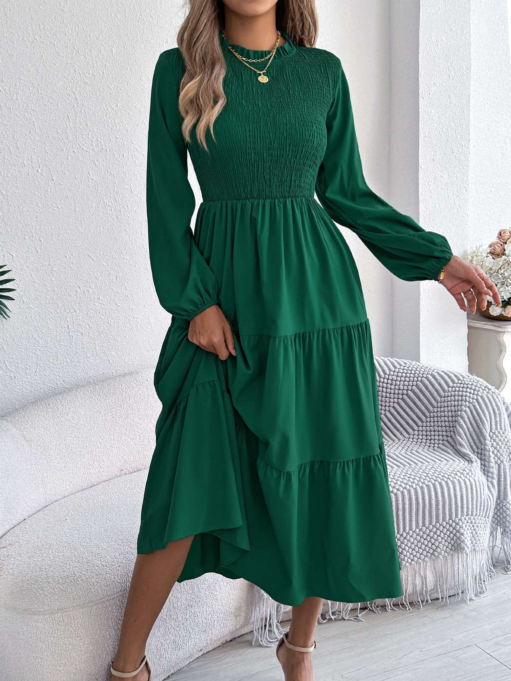 Autumn Winter Elegant Dresses for Women Solid Color Round Neck Long Sleeve Ruffles Dresses Khaki Green Red Autumn Winter Elegant Dresses for Women Solid Color Round Neck Long Sleeve Ruffles Dresses Khaki Green Red