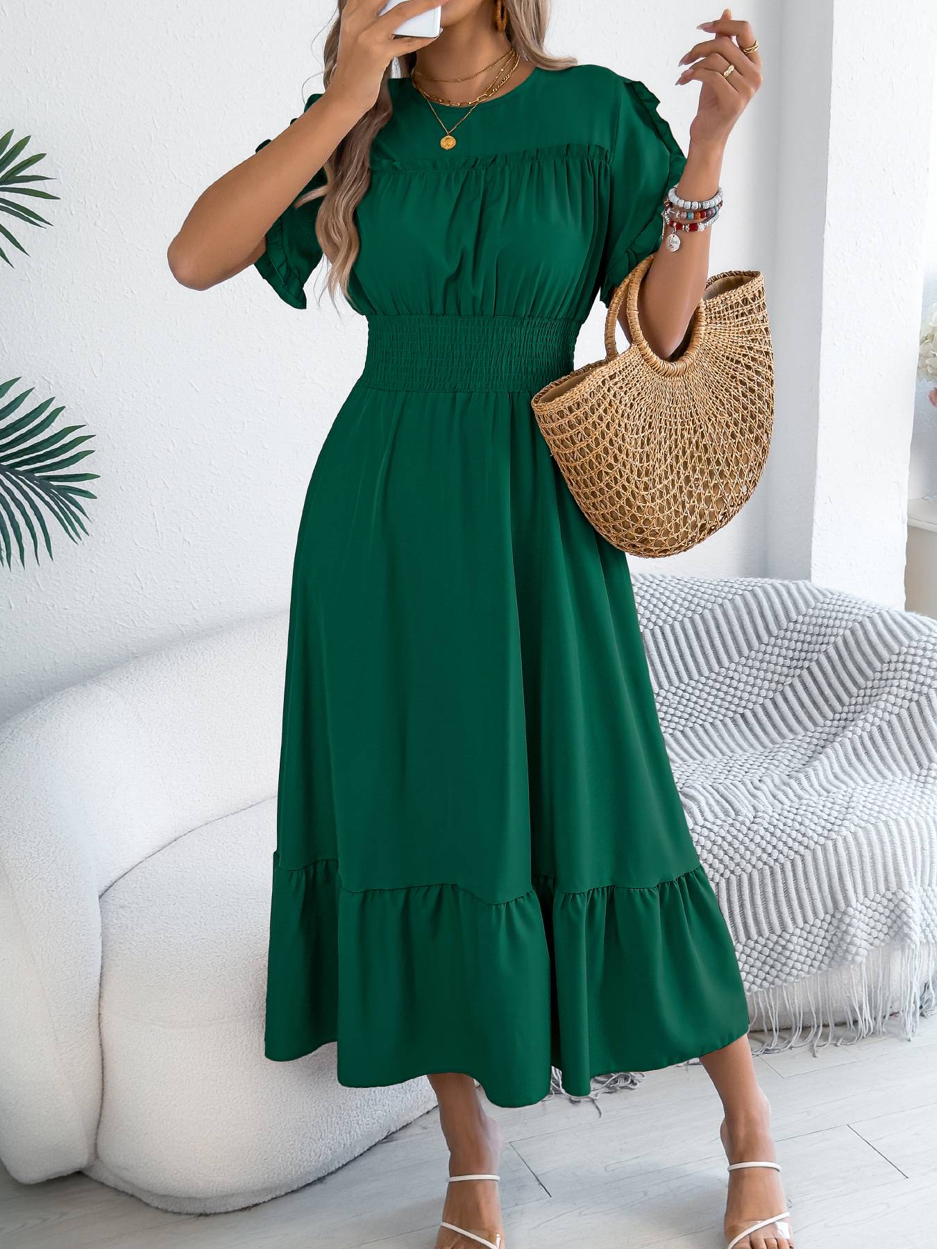Casual elegant round neck ruffles cinched waist dress long dresses spring summer fashion women dressCasual elegant round neck ruffles cinched waist dress long dresses spring summer fashion women dress