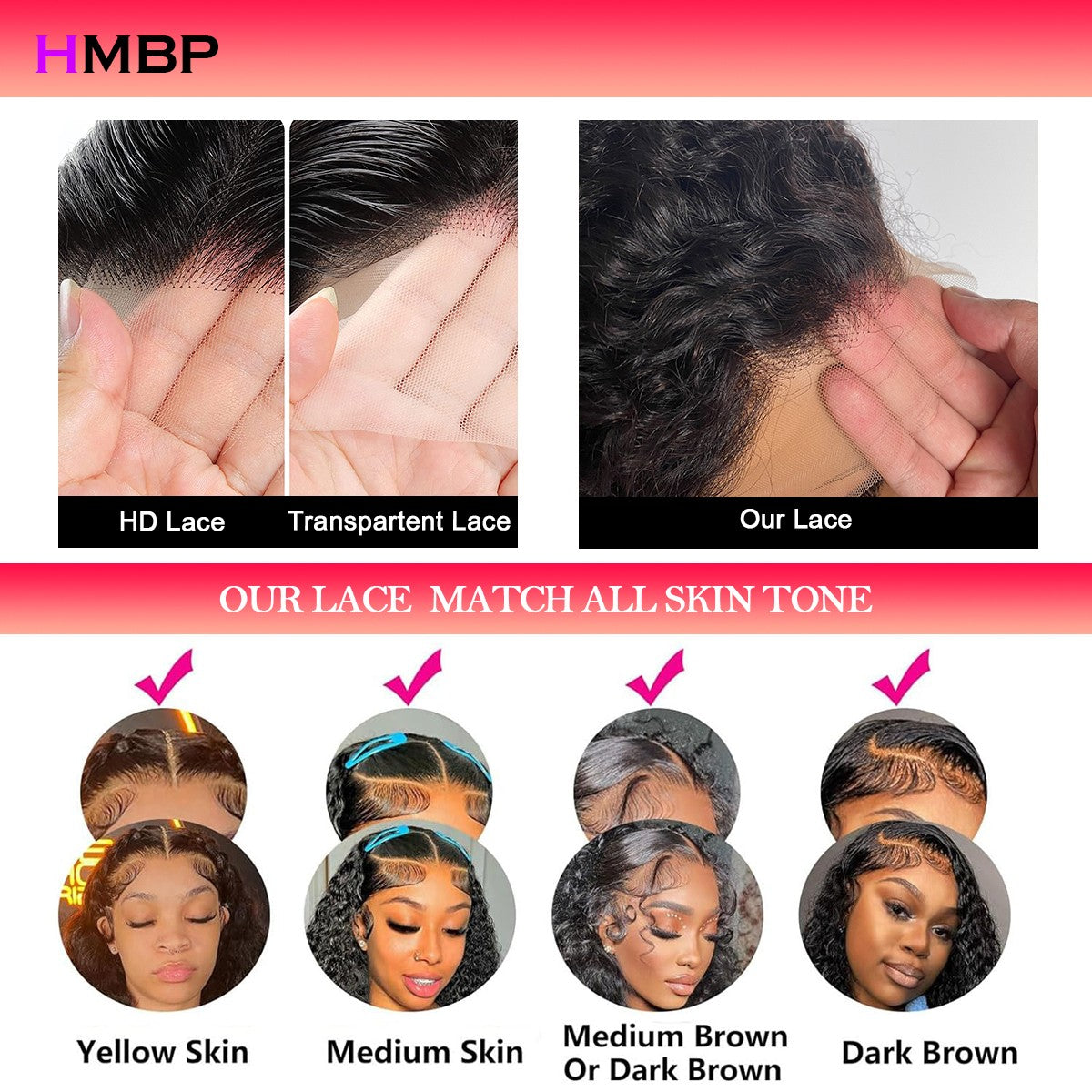 HMBP Long Kinky Curly HD Lace Human Hair Wig