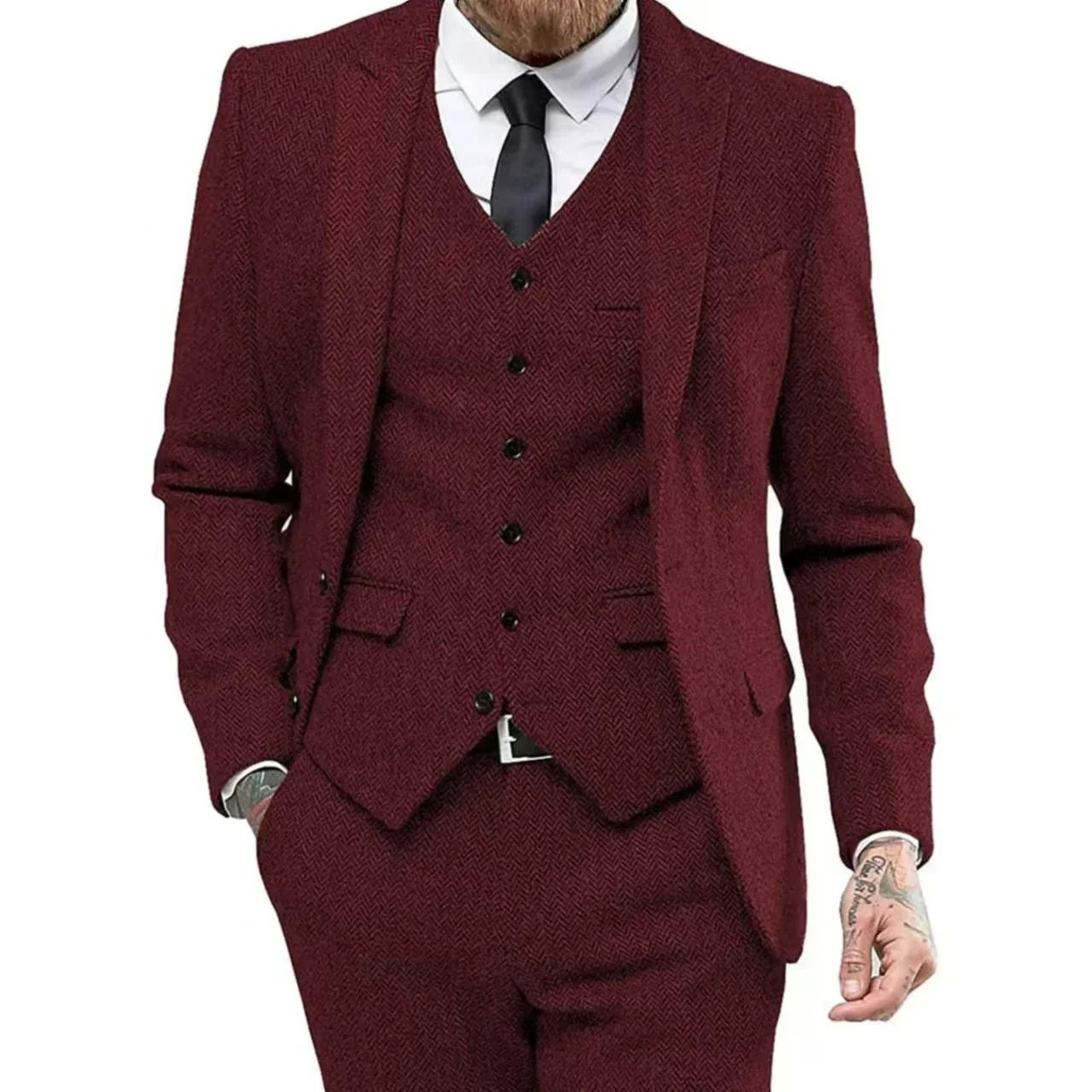 Men's Retro Herringbone Suit, Elegant Vintage Tuxedo Set, 3 Piece Blazer, Vest and Pants, for Wedding, Business, Evening PartyMen's Retro Herringbone Suit, Elegant Vintage Tuxedo Set, 3 Piece Blazer, Vest and Pants, for Wedding, Business, Evening Party
