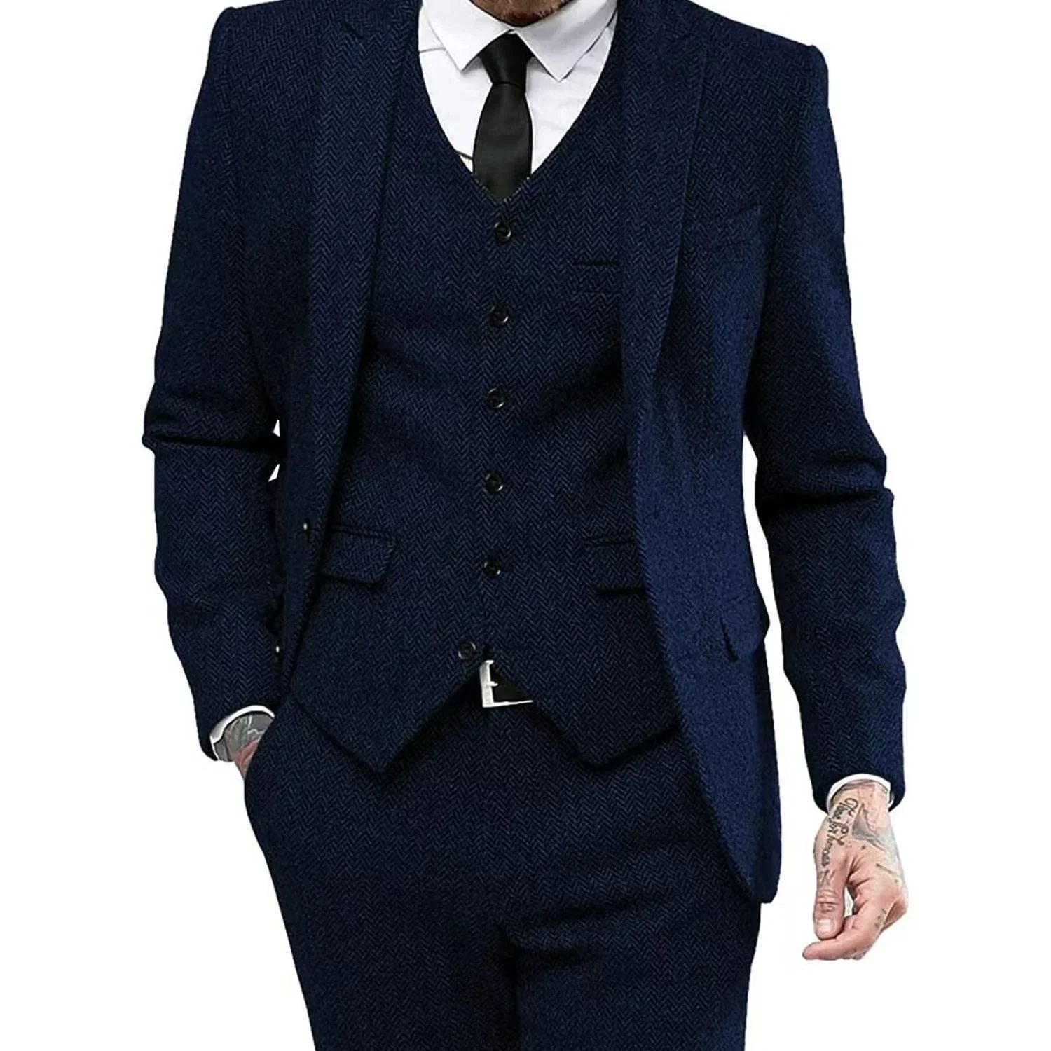 Men's Retro Herringbone Suit, Elegant Vintage Tuxedo Set, 3 Piece Blazer, Vest and Pants, for Wedding, Business, Evening PartyMen's Retro Herringbone Suit, Elegant Vintage Tuxedo Set, 3 Piece Blazer, Vest and Pants, for Wedding, Business, Evening Party