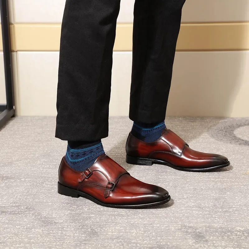 Handmade genuine leather men's oxfords, flat toe, double buckle, monk strap, classic formal shoes, size 6-13 Handmade genuine leather men's oxfords, flat toe, double buckle, monk strap, classic formal shoes, size 6-13