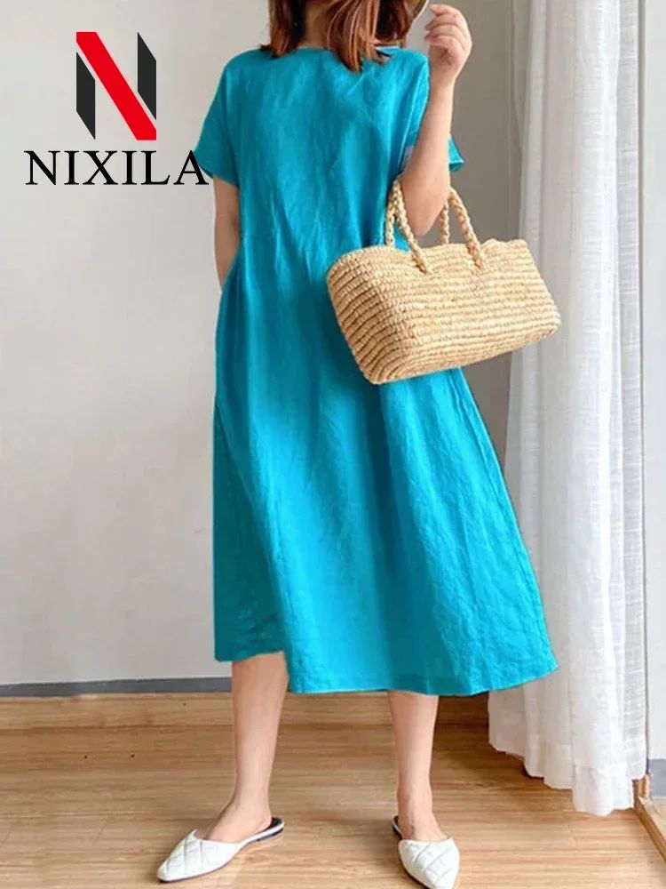 New in Spring Summer Women's Dress Elegant Casual Loose Short Sleeve Tops A-Line Oversize Solid Midi Dresses for Women Clothing New in Spring Summer Women's Dress Elegant Casual Loose Short Sleeve Tops A-Line Oversize Solid Midi Dresses for Women Clothing