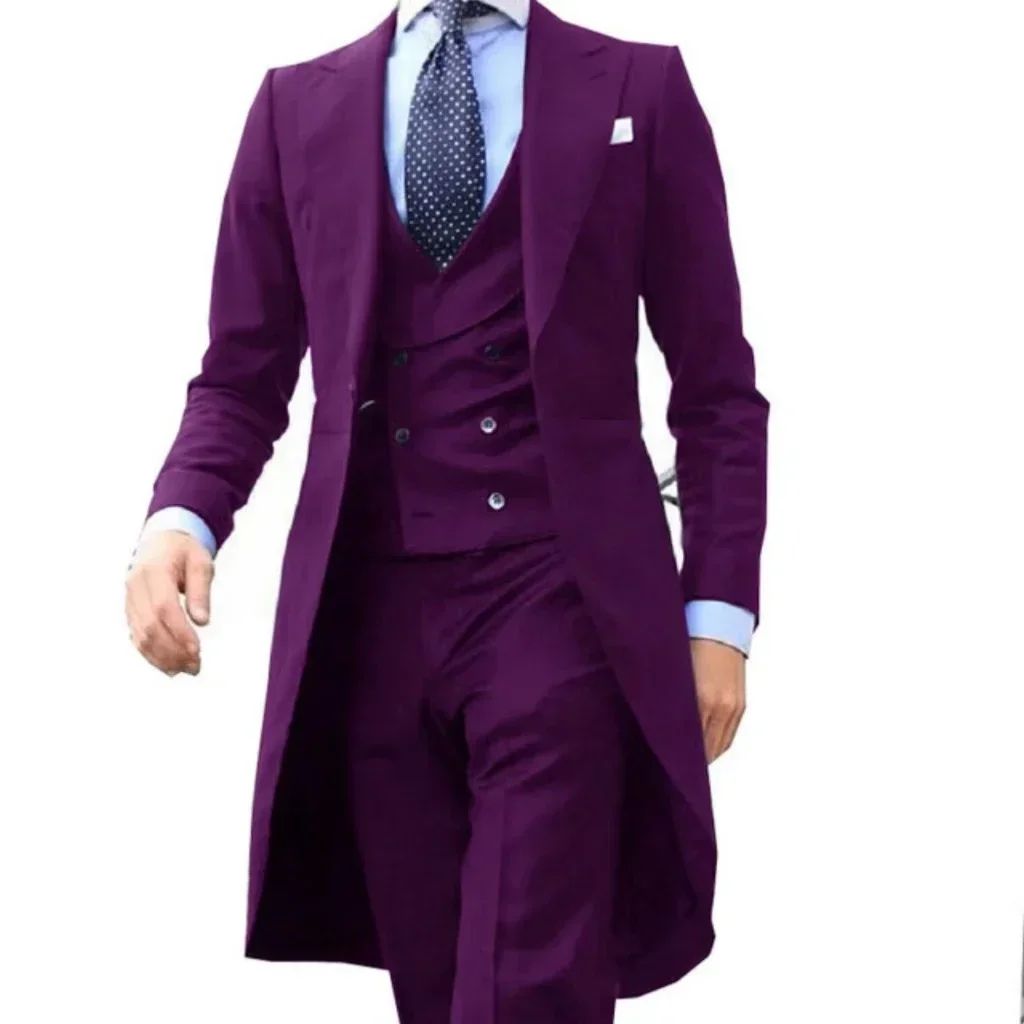 Suits for men peak lapel long tail coat 3 pieces blazer vest and pants set formal wedding dresses ceremony evening party Suits for men peak lapel long tail coat 3 pieces blazer vest and pants set formal wedding dresses ceremony evening party