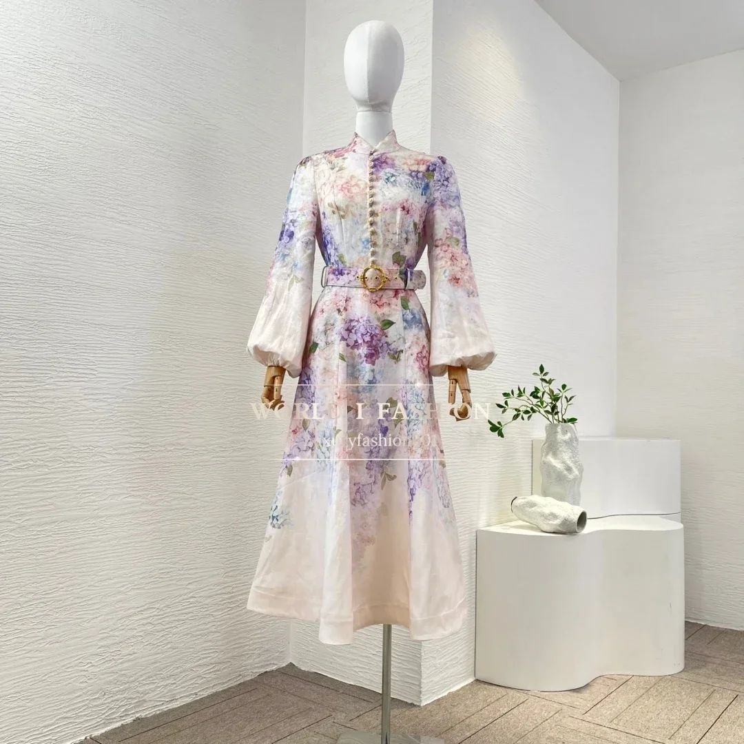 Elegant Women Vintage Floral Print Dress With Belt Full Sleeve High Quality Spring Summer Holiday Hot Midi Dresses Elegant Women Vintage Floral Print Dress With Belt Full Sleeve High Quality Spring Summer Holiday Hot Midi Dresses