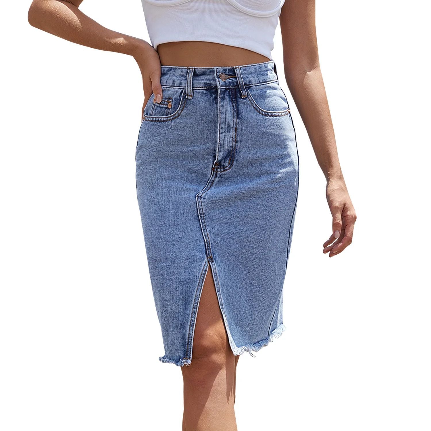 Women's Front Slit Blue Denim Skirt Pockets High Waist Slim Zipper Fly Midi Skirts 2023 Spring Female Casual Streetwear Women's Front Slit Blue Denim Skirt Pockets High Waist Slim Zipper Fly Midi Skirts 2023 Spring Female Casual Streetwear