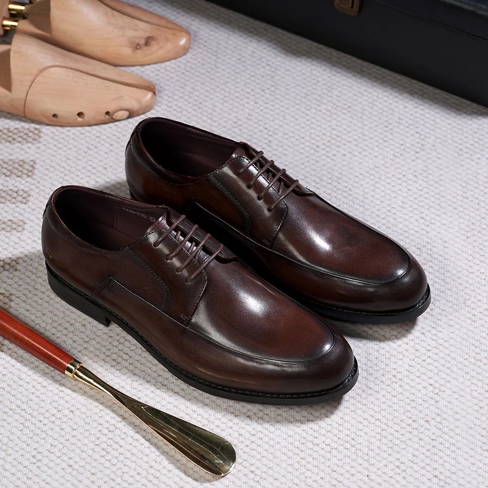 Sapatos derby masculinos estilo italiano, feitos à mão, couro genuíno, bico l