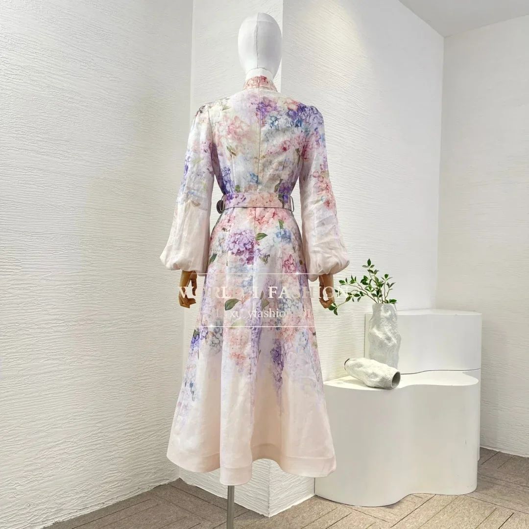 Elegant Women Vintage Floral Print Dress With Belt Full Sleeve High Quality Spring Summer Holiday Hot Midi Dresses Elegant Women Vintage Floral Print Dress With Belt Full Sleeve High Quality Spring Summer Holiday Hot Midi Dresses