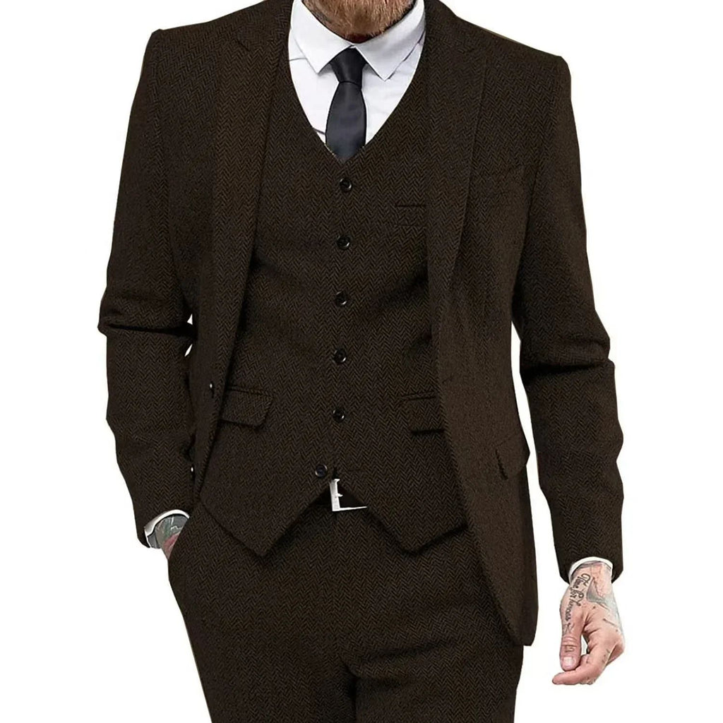 Men's Retro Herringbone Suit, Elegant Vintage Tuxedo Set, 3 Piece Blazer, Vest and Pants, for Wedding, Business, Evening PartyMen's Retro Herringbone Suit, Elegant Vintage Tuxedo Set, 3 Piece Blazer, Vest and Pants, for Wedding, Business, Evening Party