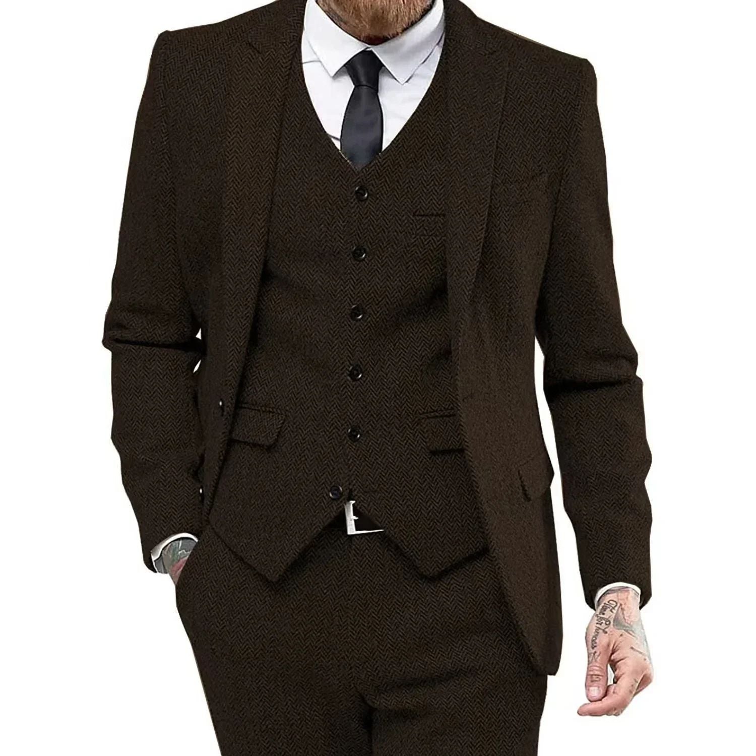 Men's Retro Herringbone Suit, Elegant Vintage Tuxedo Set, 3 Piece Blazer, Vest and Pants, for Wedding, Business, Evening PartyMen's Retro Herringbone Suit, Elegant Vintage Tuxedo Set, 3 Piece Blazer, Vest and Pants, for Wedding, Business, Evening Party