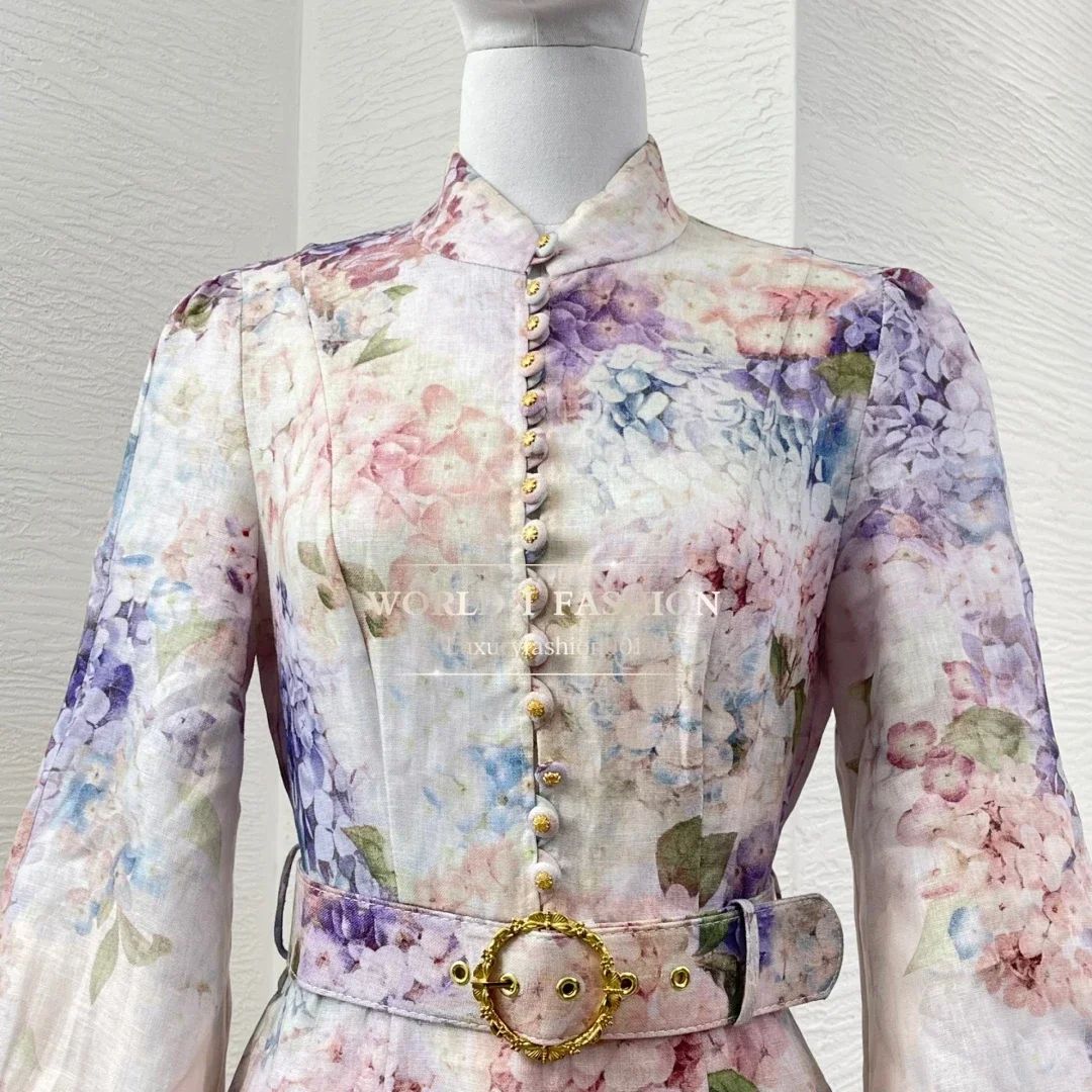 Elegant Women Vintage Floral Print Dress With Belt Full Sleeve High Quality Spring Summer Holiday Hot Midi Dresses Elegant Women Vintage Floral Print Dress With Belt Full Sleeve High Quality Spring Summer Holiday Hot Midi Dresses