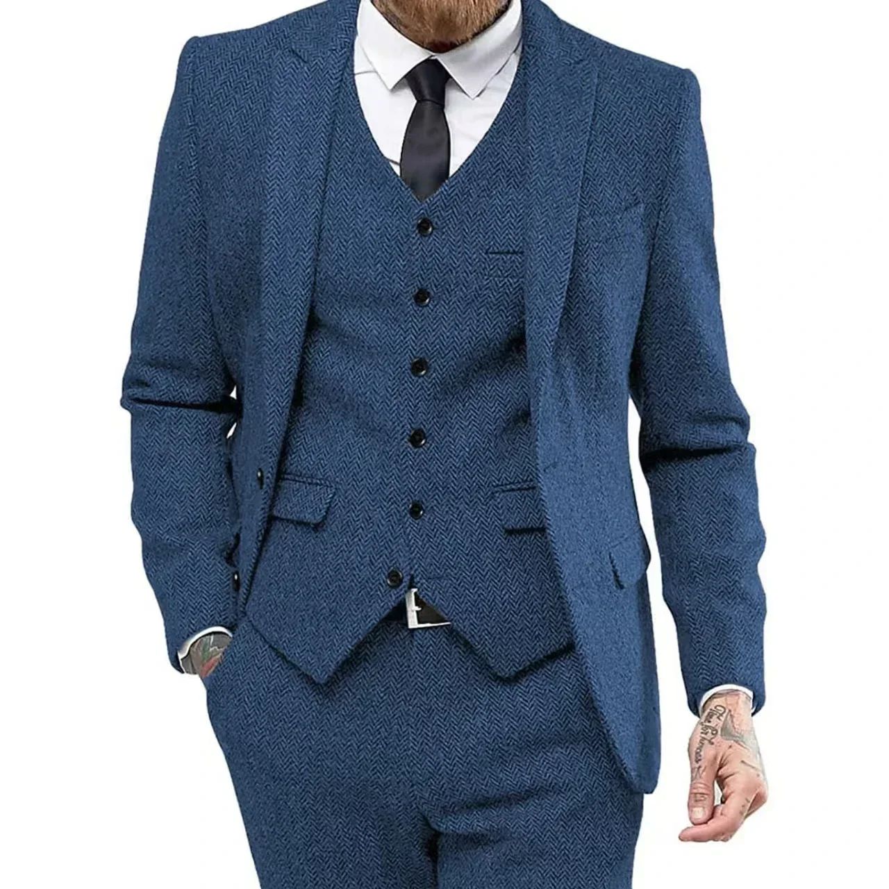 Men's Retro Herringbone Suit, Elegant Vintage Tuxedo Set, 3 Piece Blazer, Vest and Pants, for Wedding, Business, Evening PartyMen's Retro Herringbone Suit, Elegant Vintage Tuxedo Set, 3 Piece Blazer, Vest and Pants, for Wedding, Business, Evening Party