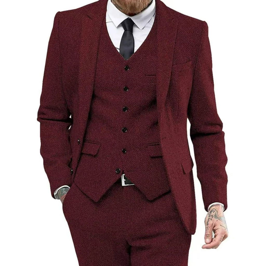 Men's Retro Herringbone Suit, Elegant Vintage Tuxedo Set, 3 Piece Blazer, Vest and Pants, for Wedding, Business, Evening PartyMen's Retro Herringbone Suit, Elegant Vintage Tuxedo Set, 3 Piece Blazer, Vest and Pants, for Wedding, Business, Evening Party
