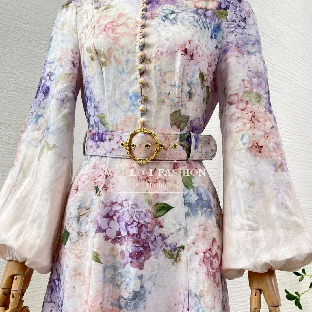 Elegant Women Vintage Floral Print Dress With Belt Full Sleeve High Quality Spring Summer Holiday Hot Midi Dresses Elegant Women Vintage Floral Print Dress With Belt Full Sleeve High Quality Spring Summer Holiday Hot Midi Dresses