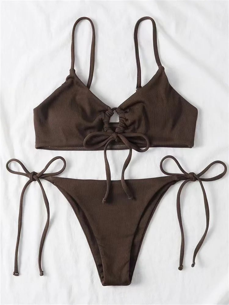Solid Color Low-Waist Bikini Set