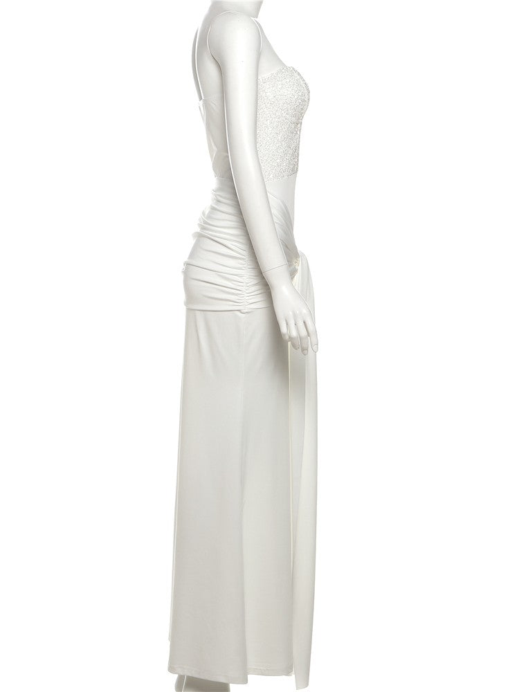 Kliou Sequin Patchwork Women Maxi Dress Stunning Sexy Strapless Stacked Pleated Sheath Long Robe Mujer Festival Elegant Dress