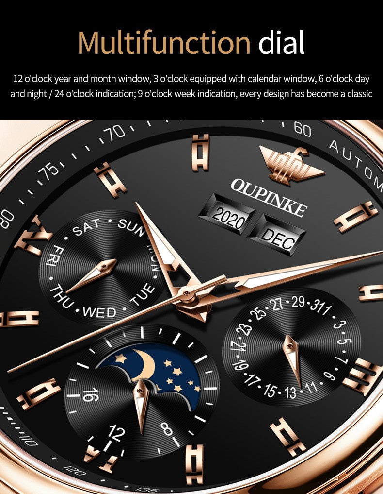 OUPINKE-Relógio Mecânico Impermeável Sapphire Espelho Masculino, Automático,