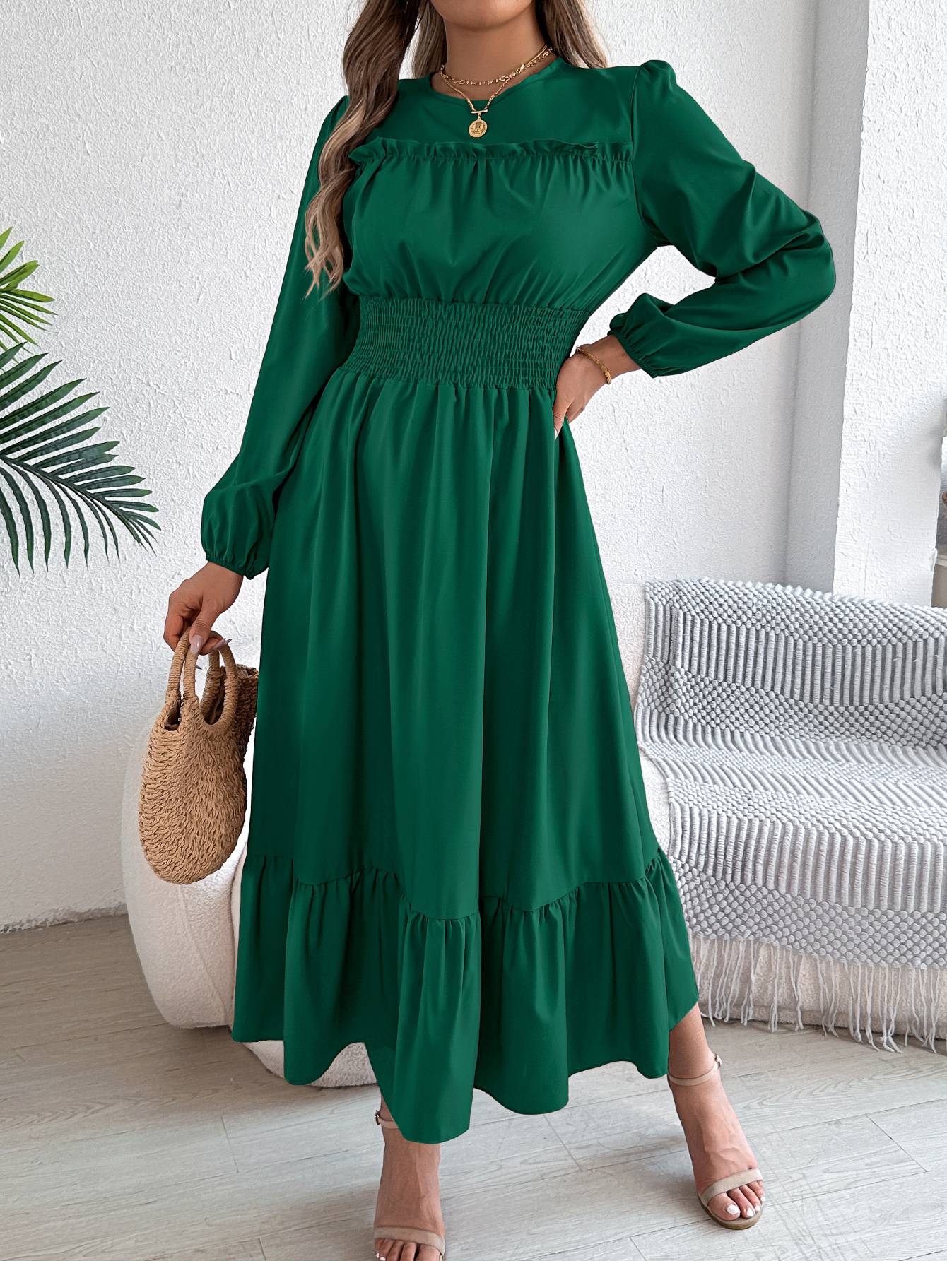 Autumn and winter casual elegant solid color round neck long sleeve cinched waist lotus leaf edge dress women's clothing Autumn and winter casual elegant solid color round neck long sleeve cinched waist lotus leaf edge dress women's clothing