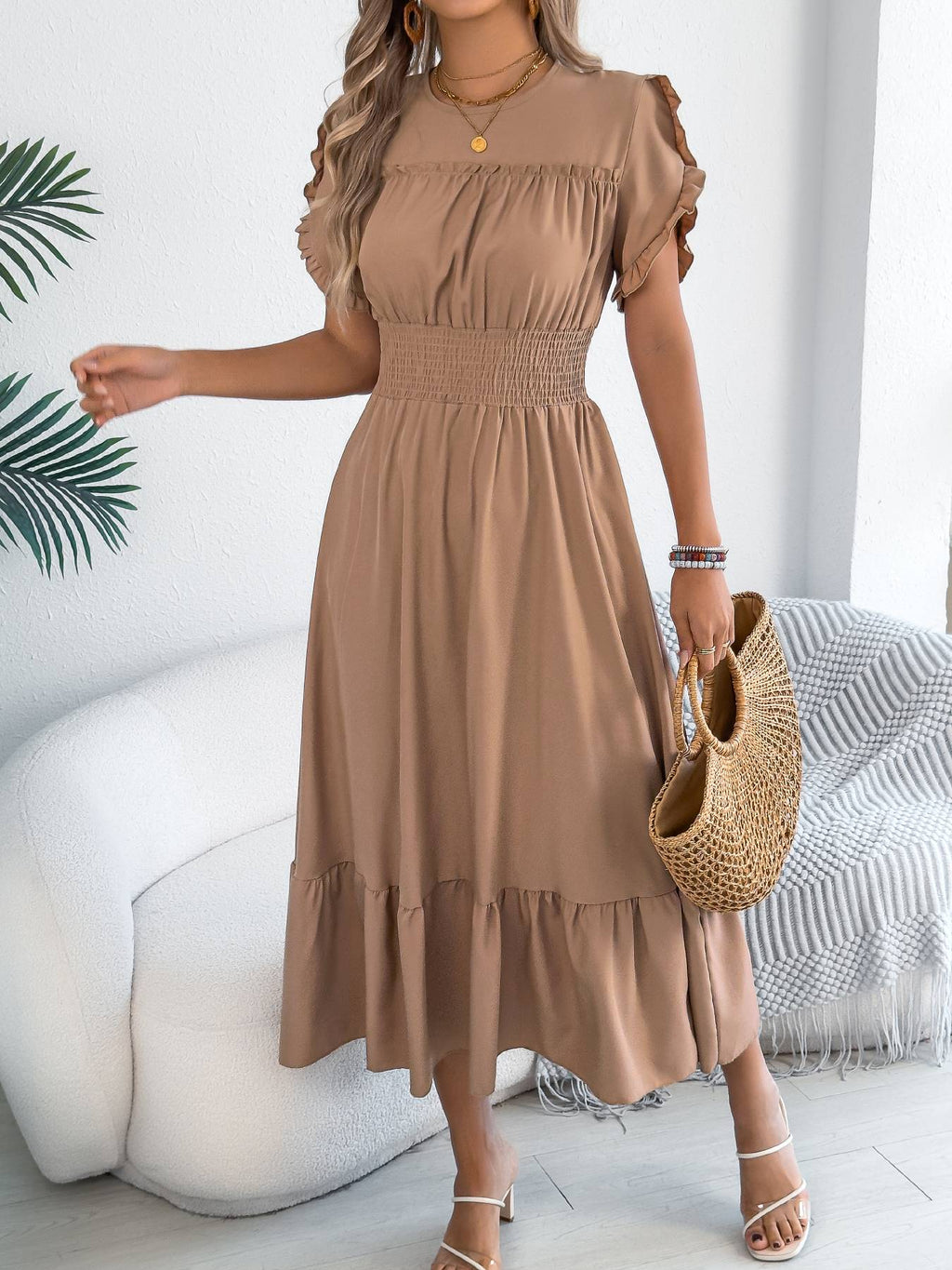 Casual elegant round neck ruffles cinched waist dress long dresses spring summer fashion women dressCasual elegant round neck ruffles cinched waist dress long dresses spring summer fashion women dress